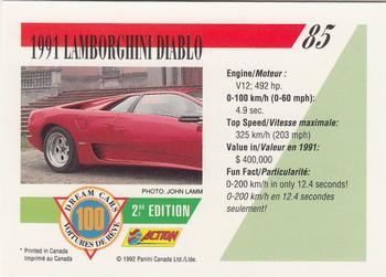 1992 Panini Dream Cars 2nd Edition #85 1991 Lamborghini Diablo Back