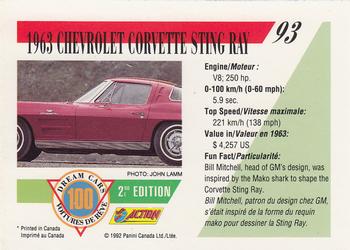 1992 Panini Dream Cars 2nd Edition #93 1963 Chevrolet Corvette Sting Ray Back