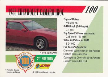 1992 Panini Dream Cars 2nd Edition #100 1988 Chevrolet Camaro Iroc Back