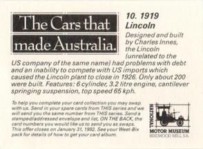 1991 Sanitarium Weet-Bix The Cars That Made Australia #10 1919 Lincoln Back