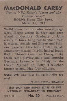 1953 Bowman Television and Radio Stars of the NBC (R701-15) #20 MacDonald Carey Back