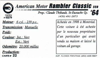 2000 VAQ Voitures Anciennes du Québec #22 Rambler Classic 1964 Back