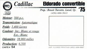 2000 VAQ Voitures Anciennes du Québec #54 Cadillac Eldorado 1975 Back