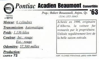 2000 VAQ Voitures Anciennes du Québec #72 Pontiac Acadian Beaumont 1963 Back