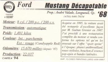 2000 VAQ Voitures Anciennes du Québec #94 Mustang Décapotable 1968 Back
