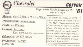 2000 VAQ Voitures Anciennes du Québec #95 Chevrolet Corvair 700 1961 Back