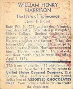 1932 U.S. Caramel American Heroes (R114) #NNO William Henry Harrison Back