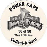 1994 Collect-A-Card Mighty Morphin Power Rangers Series 2 Retail - Power Caps #50 Power Rangers Logo Back