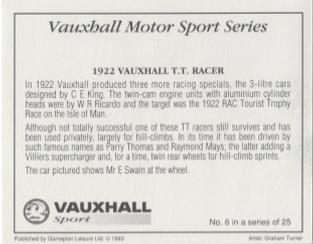 1993 Vauxhall Motor Sports Series #6 1922 Vauxhall T.T. Racer Back