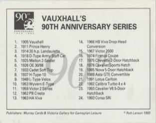 1993 Vauxhall 90th Anniversary 1903-1993 #NNO Check List Back