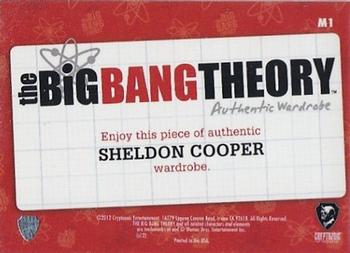 2012 Cryptozoic The Big Bang Theory Seasons 1 & 2 - Authentic Wardrobes #M1 Sheldon Cooper Back