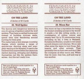 1985 Brooke Bond Incredible Creatures (Sheen Lane address)(Double Cards) #29-30 Moon Rat / Wolf Spider Back