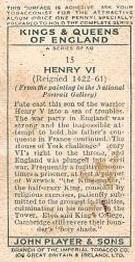 1935 Player's Kings & Queens of England (Small) #15 Henry VI Back