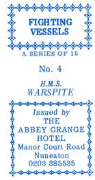 1986 Abbey Grange Hotel Fighting Vessels #4 H.M.S. Warspite Back