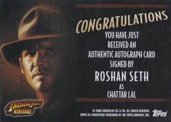 2008 Topps Indiana Jones Heritage - Autograph Cards #NNO Roshan Seth Back