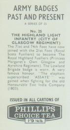 1964 Phillips Choice Tea Army Badges Past and Present #25 The Highland Light Infantry (City of Glasgow Regiment) Back