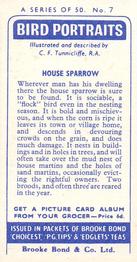 1957 Brooke Bond Bird Portraits  - Without Address #7 House Sparrow Back