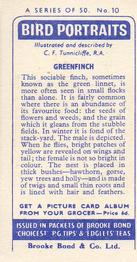1957 Brooke Bond Bird Portraits  - Without Address #10 Greenfinch Back