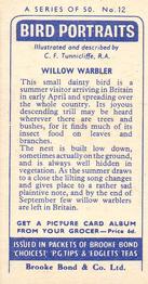 1957 Brooke Bond Bird Portraits  - Without Address #12 Willow Warbler Back