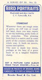 1957 Brooke Bond Bird Portraits  - Without Address #15 Stonechat Back