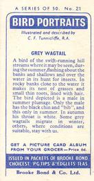 1957 Brooke Bond Bird Portraits  - Without Address #21 Grey Wagtail Back