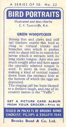 1957 Brooke Bond Bird Portraits  - Without Address #22 Green Woodpecker Back