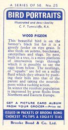 1957 Brooke Bond Bird Portraits  - Without Address #25 Wood Pigeon Back