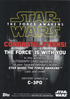 2015 Topps Star Wars: The Force Awakens - Autographs Lightsaber Purple #NNO Anthony Daniels Back