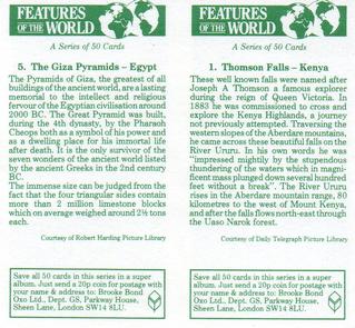 1984 Brooke Bond Features of the World (Double Cards) #1-5 Thomson Falls - Kenya / The Giza Pyramids - Egypt Back