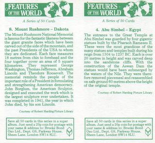 1984 Brooke Bond Features of the World (Double Cards) #4-8 Abu Simbel - Egypt / Mount Rushmore - Dakota Back
