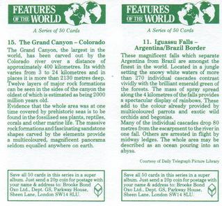 1984 Brooke Bond Features of the World (Double Cards) #11-15 Iguassu Falls - Argentina-Brazil Border / The Grand Canyon - Colorado Back