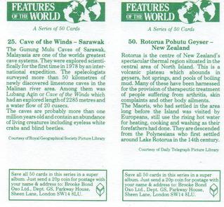 1984 Brooke Bond Features of the World (Double Cards) #50-25 Rotorua Pohutu Geyser - New Zealand / Cave of the Winds - Sarawak Back