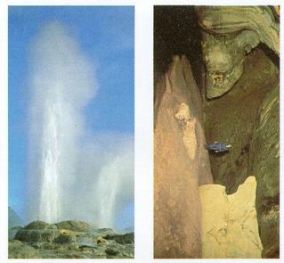 1984 Brooke Bond Features of the World (Double Cards) #50-25 Rotorua Pohutu Geyser - New Zealand / Cave of the Winds - Sarawak Front