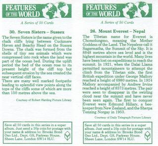 1984 Brooke Bond Features of the World (Double Cards) #26-30 Mount Everest - Nepal / Seven Sisters - Sussex Back