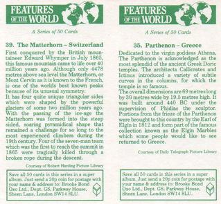 1984 Brooke Bond Features of the World (Double Cards) #35-39 Parthenon - Greece / The Matterhorn - Switzerland Back