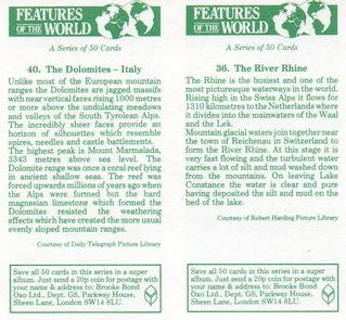 1984 Brooke Bond Features of the World (Double Cards) #36-40 The River Rhine / The Dolomites - Italy Back