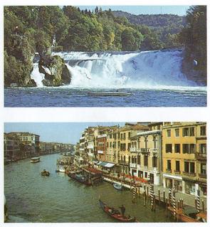 1984 Brooke Bond Features of the World (Double Cards) #37-41 The Rhine Waterfalls - Switzerland / Venice (or The Sinking City) Front