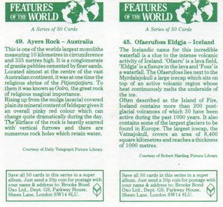 1984 Brooke Bond Features of the World (Double Cards) #45-49 Ofaerufoss Eldgja - Iceland / Ayers Rock - Australia Back