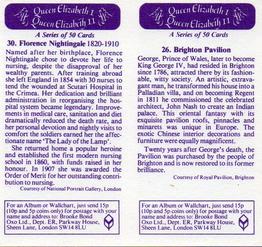 1982 Brooke Bond Queen Elizabeth 1 Queen Elizabeth 2 (Double Cards) #26-30 Brighton Pavillion / Florence Nightingale Back