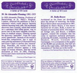 1982 Brooke Bond Queen Elizabeth 1 Queen Elizabeth 2 (Double Cards) #35-39 Rolls-Royce / Sir Alexander Fleming Back