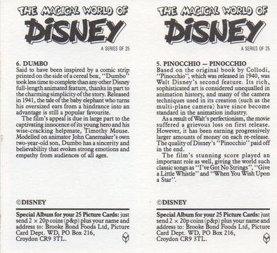 1989 Brooke Bond The Magical World of Disney (Double Cards) #5-6 Pinocchio - Pinocchio / Dumbo Back