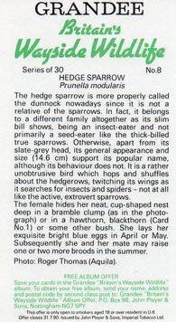1988 Grandee Britain's Wayside Wildlife #8 Hedge Sparrow Back