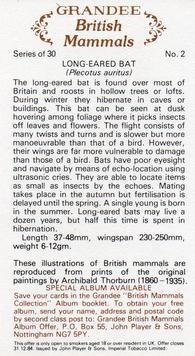 1982 Grandee British Mammals (Imperial Tobacco Limited) #2 Long-Eared Bat Back