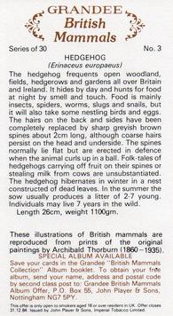 1982 Grandee British Mammals (Imperial Tobacco Limited) #3 Hedgehog Back