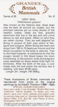 1982 Grandee British Mammals (Imperial Tobacco Limited) #8 Grey Seal Back