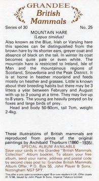 1982 Grandee British Mammals (Imperial Tobacco Limited) #25 Mountain Hare Back