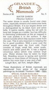 1982 Grandee British Mammals (Imperial Group plc) #5 Water Shrew Back