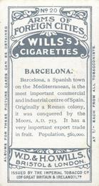 1912 Wills's Arms of Foreign Cities #20 Barcelona Back