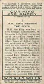 1937 Wills's Our King and Queen #1 H.M. King George the Sixth Back