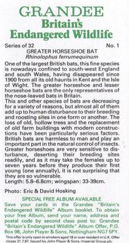 1984 Grandee Britain's Endangered Wildlife #1 Greater Horseshoe Bat Back